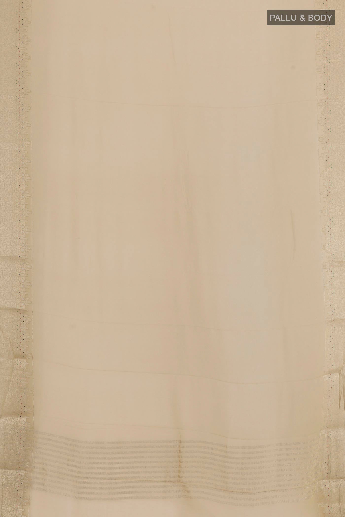 Flat view of Beige Mysore Chiffon Saree with Plain Body and Zari Border. 