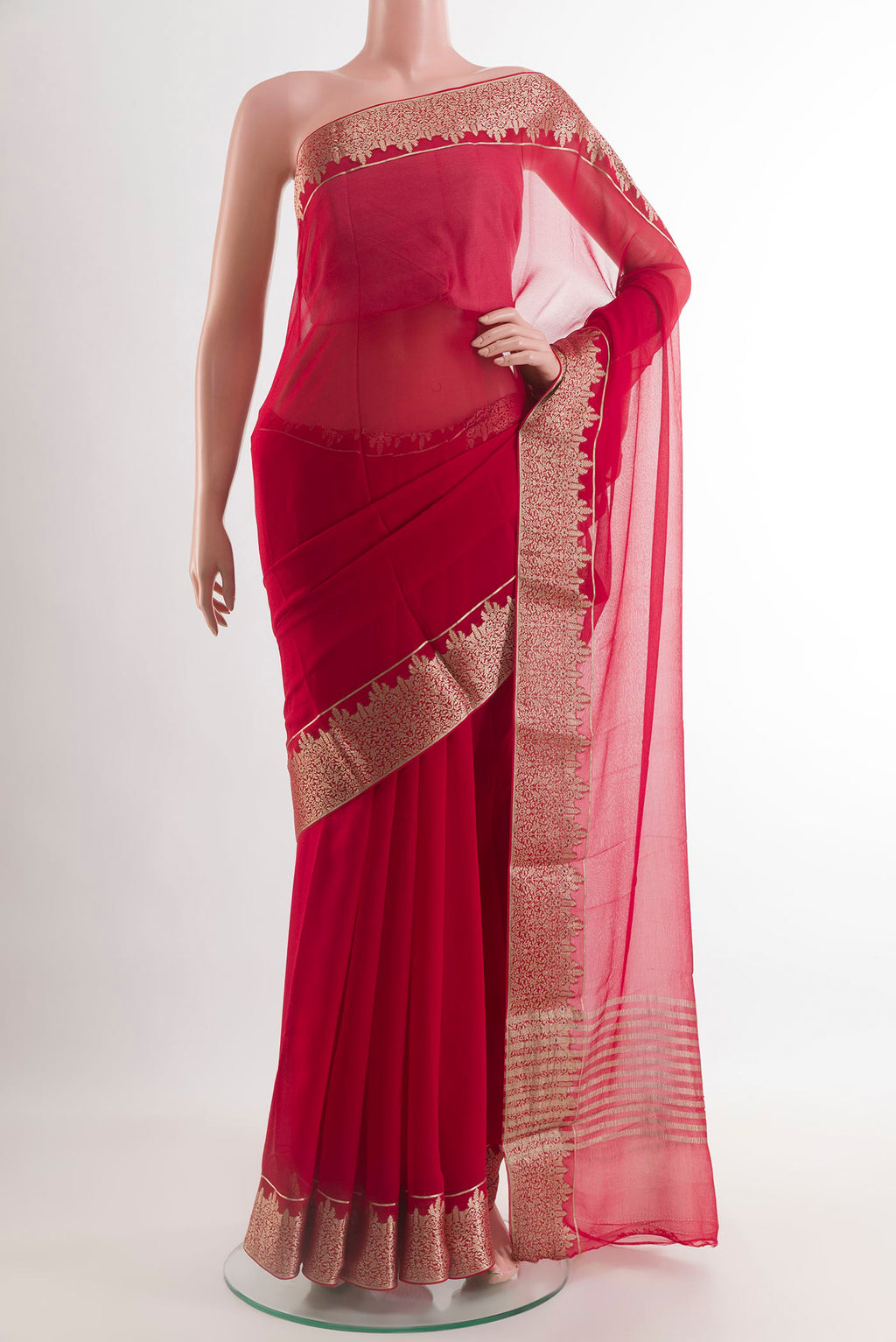 Red Mysore Chiffon Saree with Plain Body and Zari Border.  displayed on a mannequin