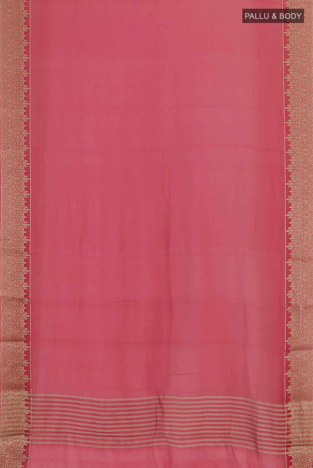 Flat view of Red Mysore Chiffon Saree with Plain Body and Zari Border. 