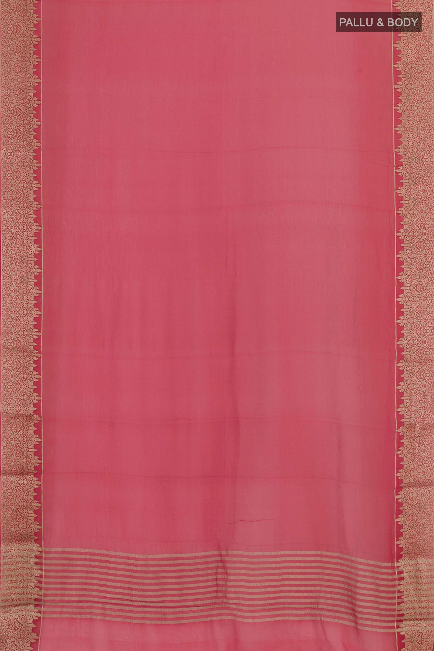 Flat view of Red Mysore Chiffon Saree with Plain Body and Zari Border. 