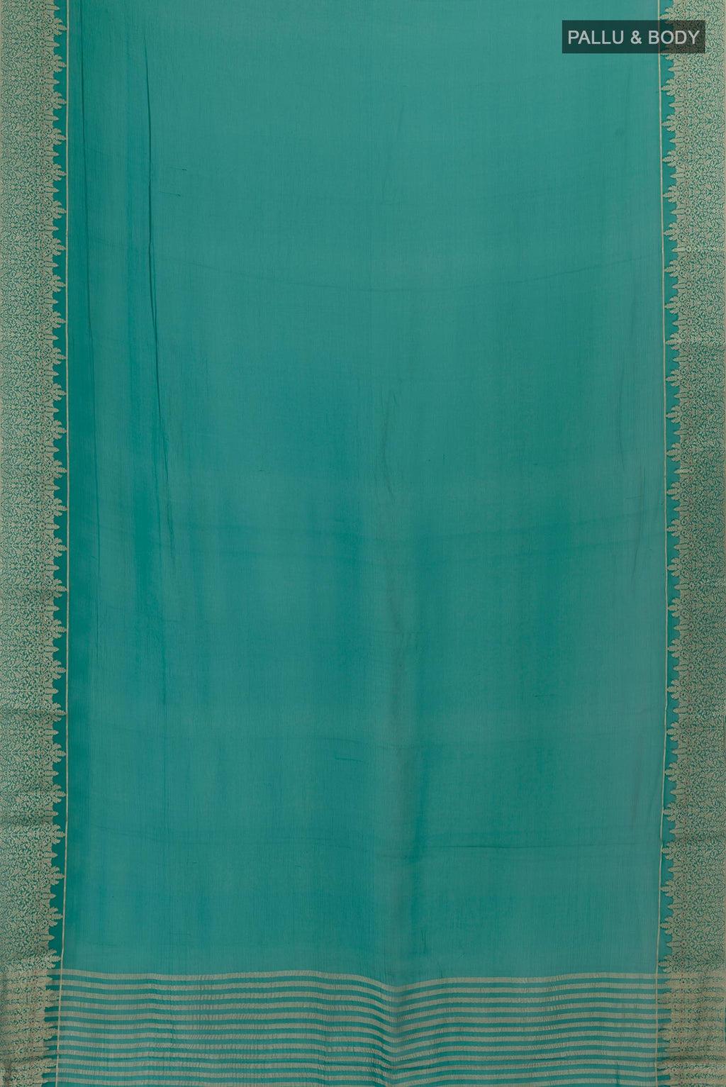 Flat view of Sea Green Mysore Chiffon Saree with Plain Body and Zari Border. 