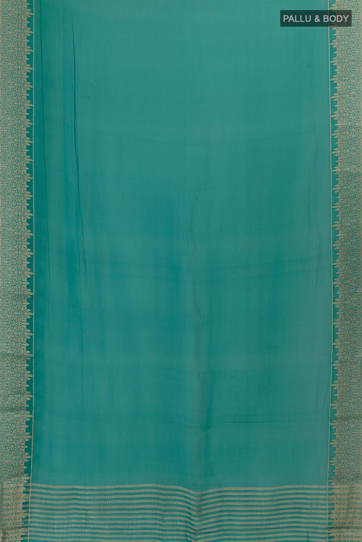 Flat view of Sea Green Mysore Chiffon Saree with Plain Body and Zari Border. 