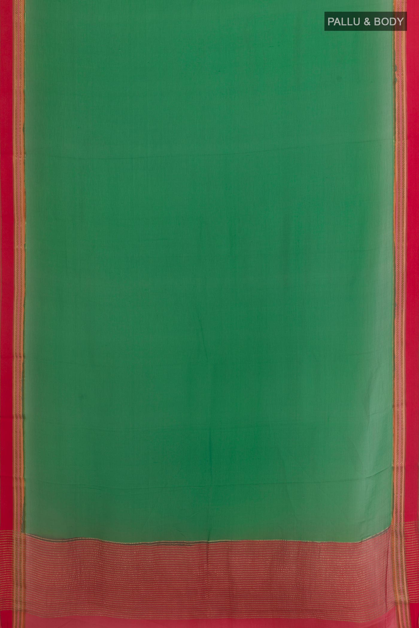 Flat view of Green Mysore Chiffon Saree with Plain Body and Zari Border. 