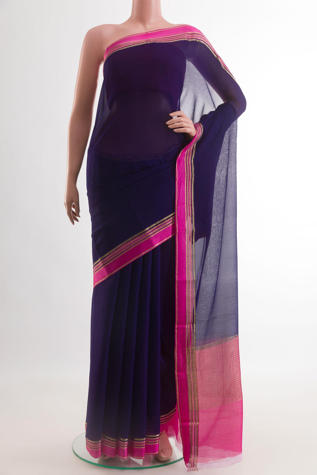 Navy Blue Mysore Chiffon Saree with Plain Body and Zari Border.  displayed on a mannequin