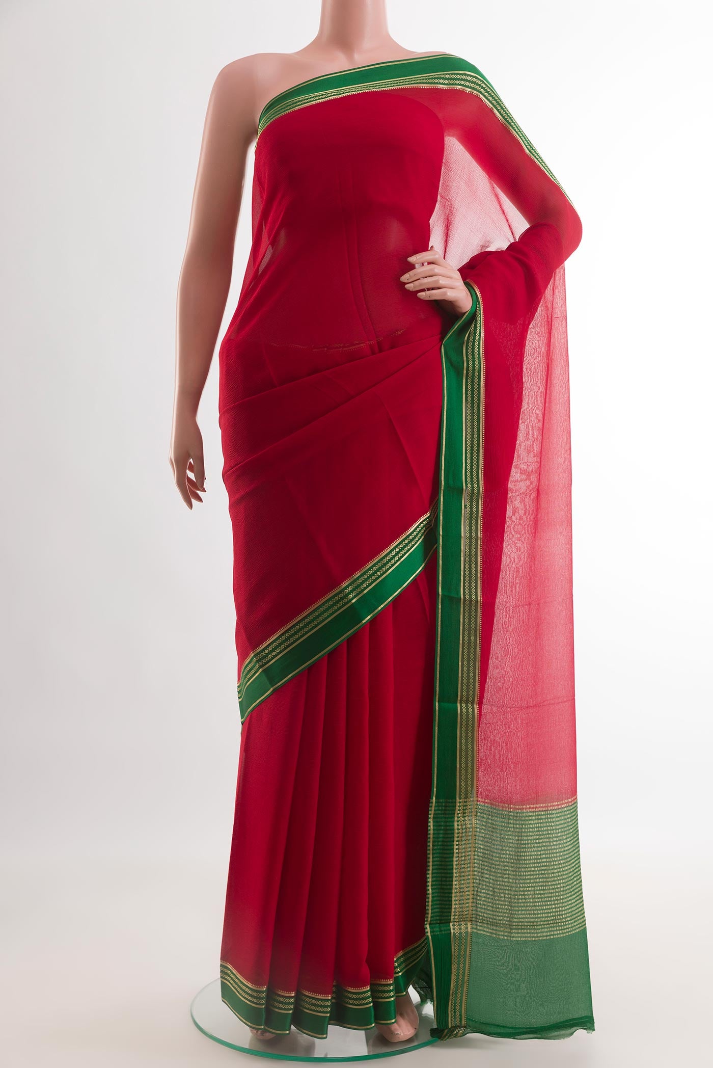 Red Mysore Chiffon Saree with Plain Body and Zari Border.  displayed on a mannequin