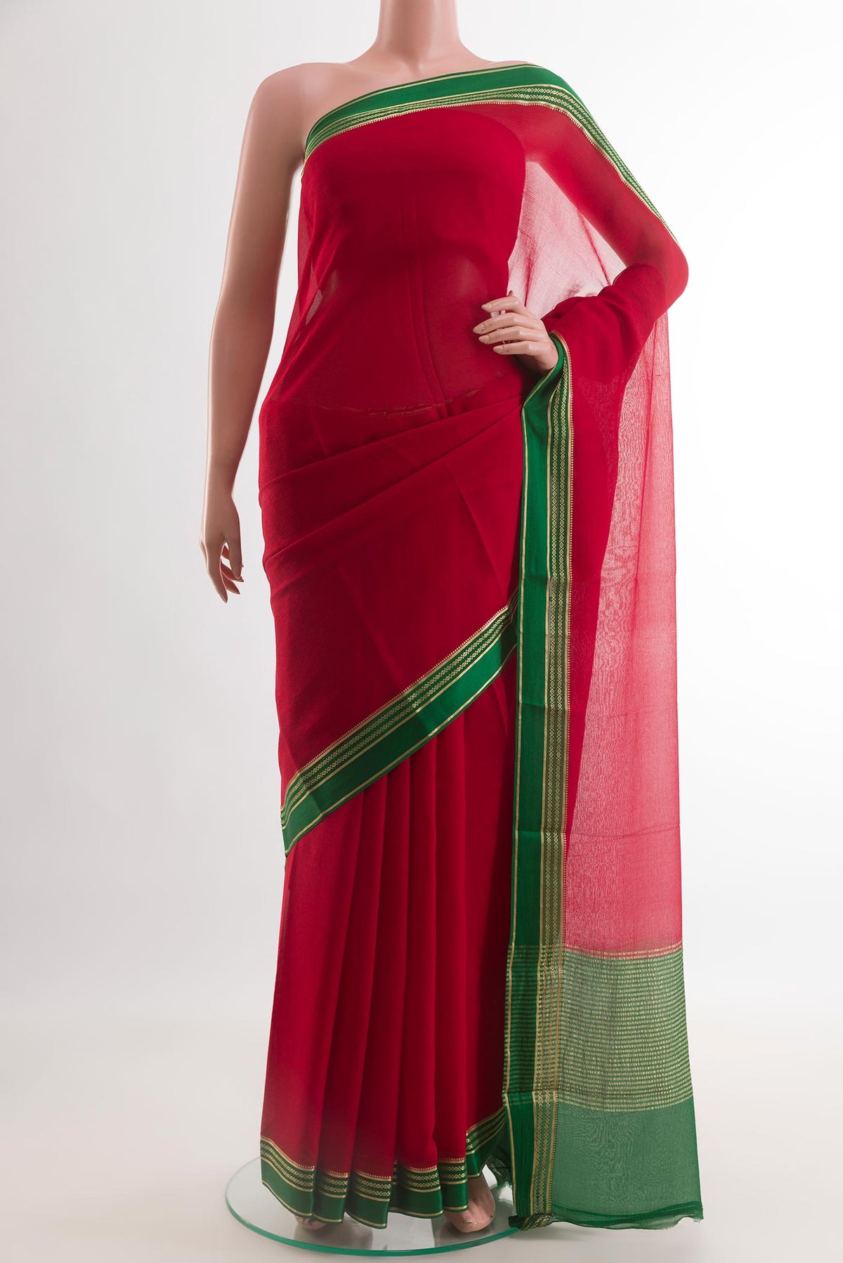 Red Mysore Chiffon Saree with Plain Body and Zari Border.  displayed on a mannequin