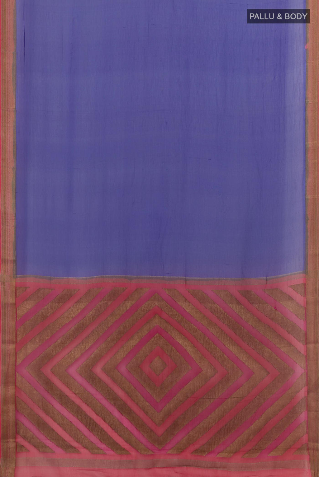 Flat view of Blue Chiffon Saree with Plain Body and Zari Border. 
