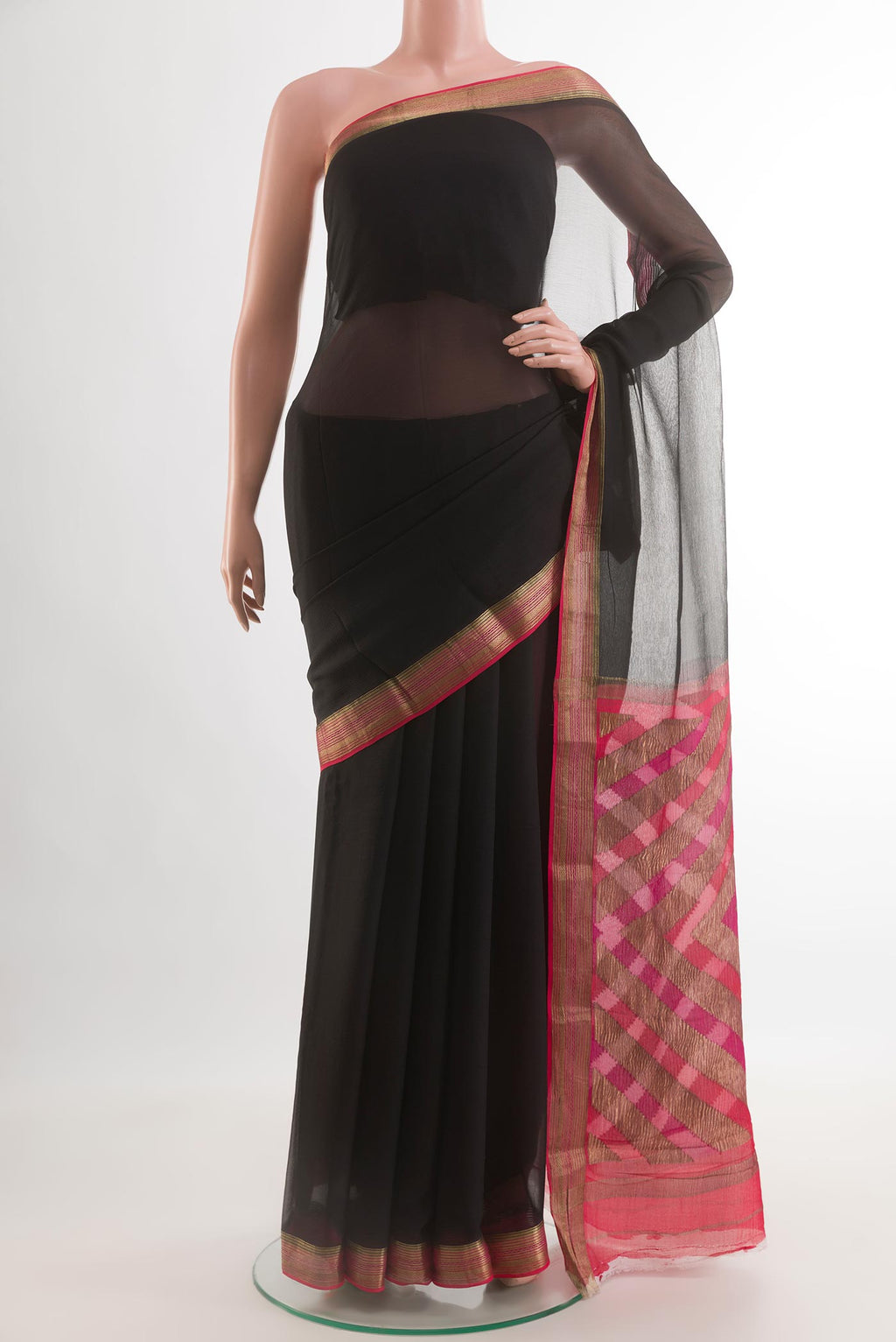Black Mysore Chiffon Saree with Plain Body and Zari Border.  displayed on a mannequin