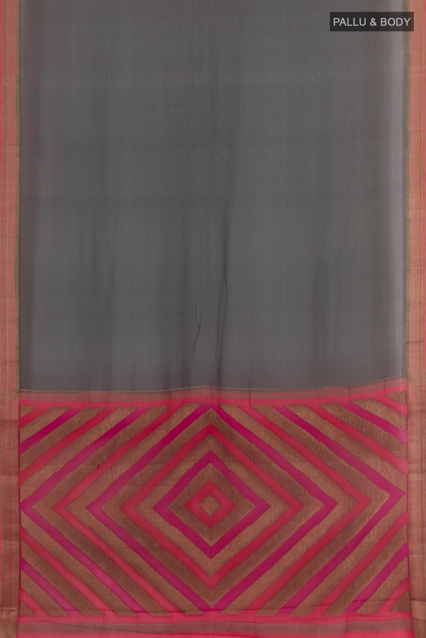 Flat view of Black Mysore Chiffon Saree with Plain Body and Zari Border. 