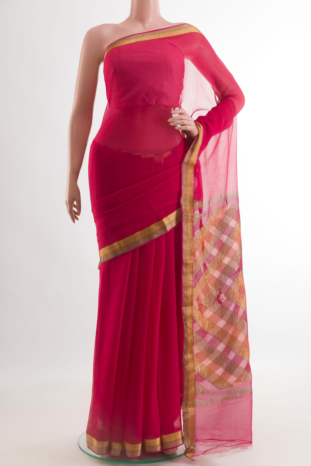 Pink Mysore Chiffon Saree with Plain Body and Zari Border.  displayed on a mannequin