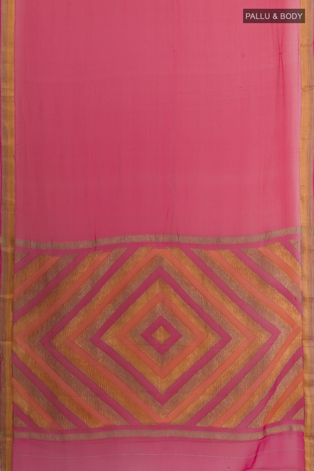 Flat view of Pink Mysore Chiffon Saree with Plain Body and Zari Border. 