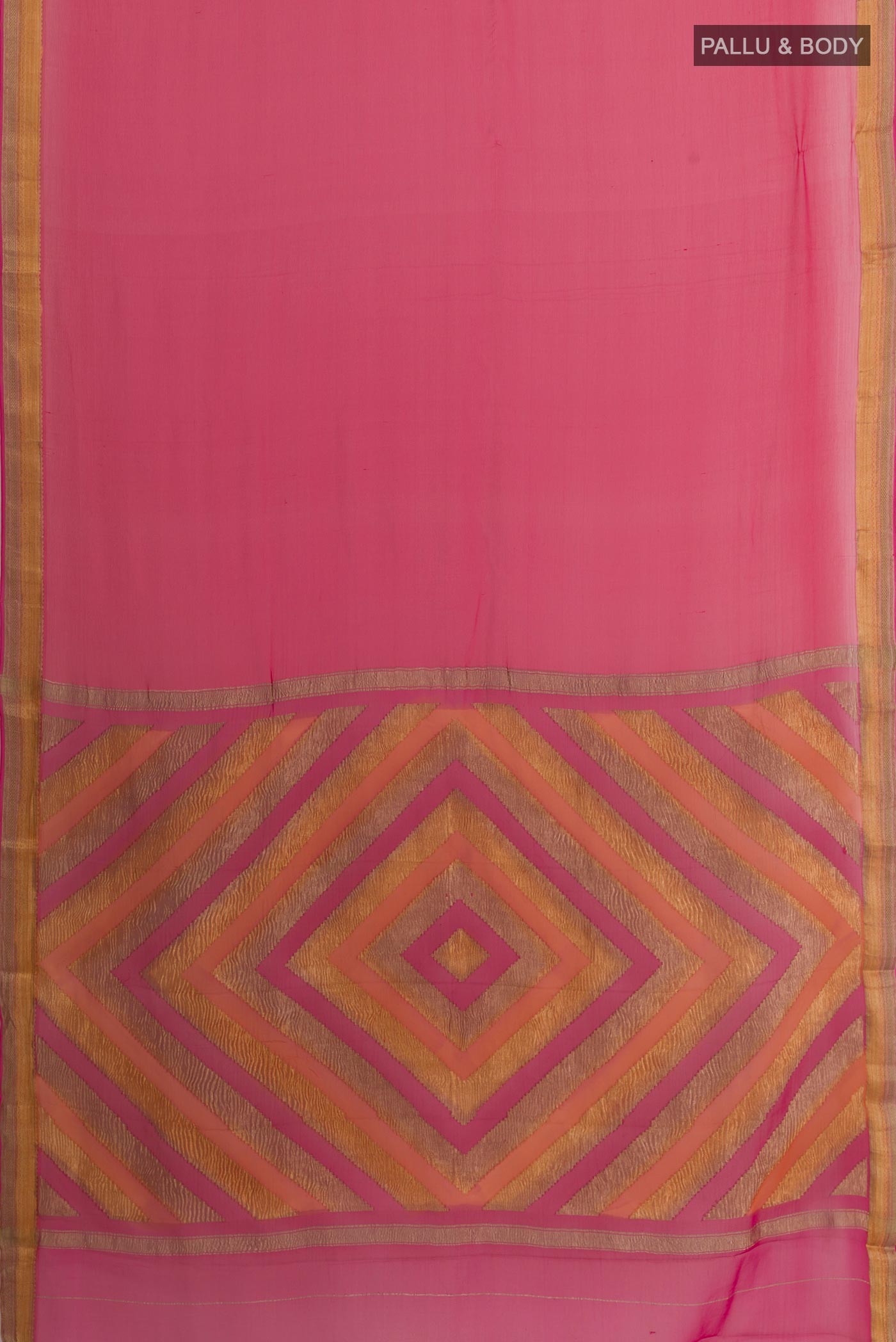 Flat view of Pink Mysore Chiffon Saree with Plain Body and Zari Border. 