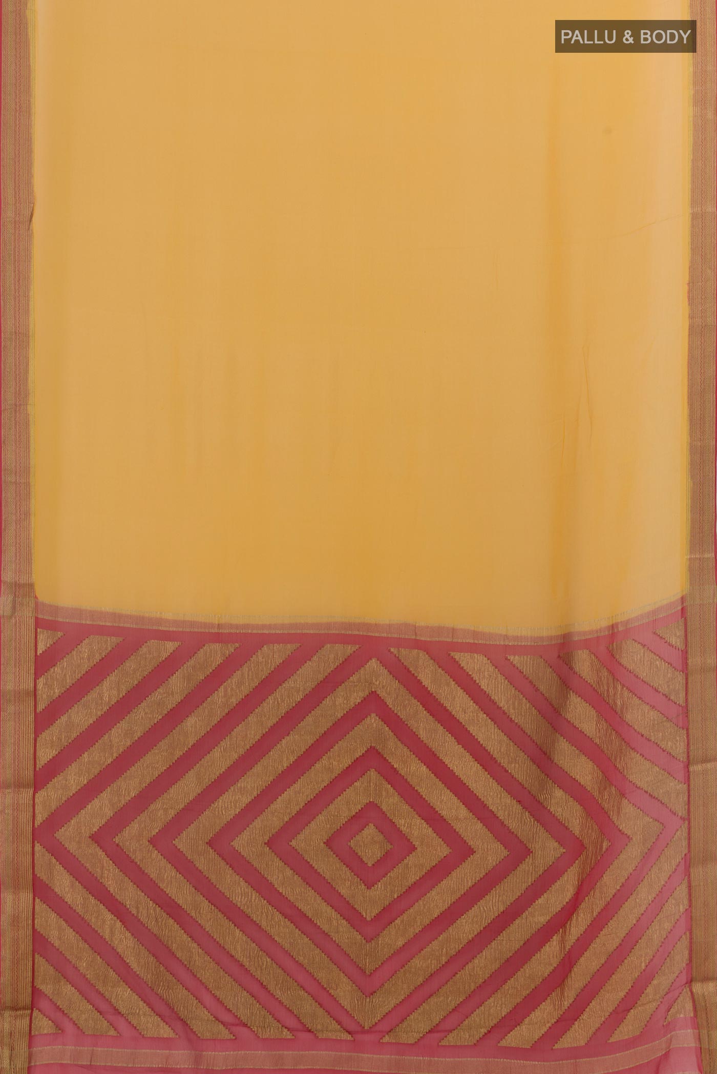 Flat view of Yellow Mysore Chiffon Saree with Plain Body and Zari Border. 