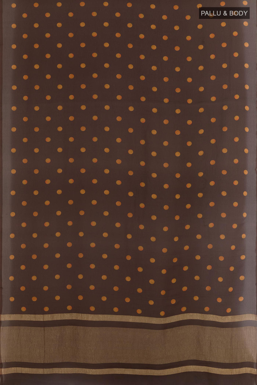 Flat view of Brown Mysore Chiffon Saree with Printed design on the body and Without Border. 