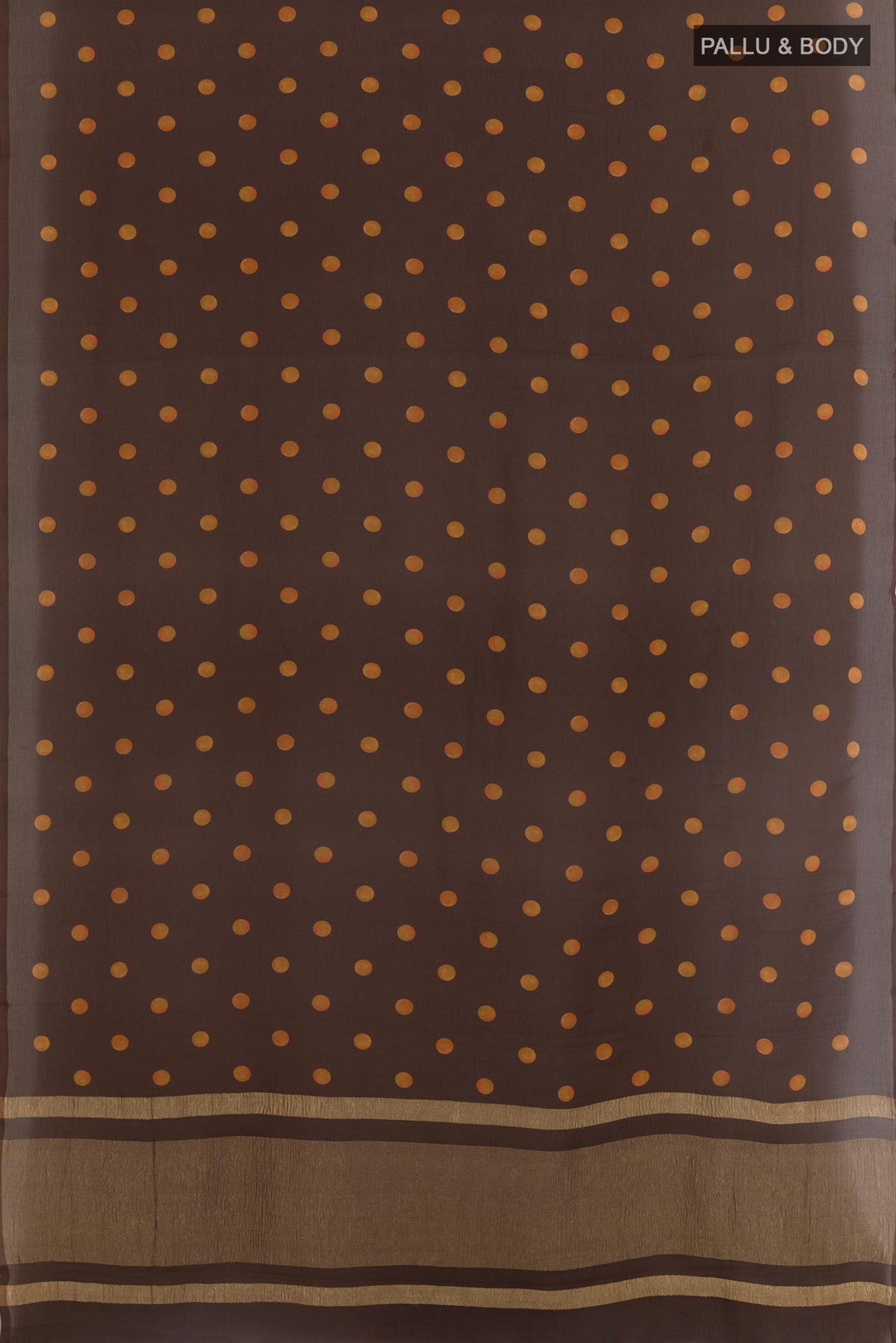 Flat view of Brown Mysore Chiffon Saree with Printed design on the body and Without Border. 