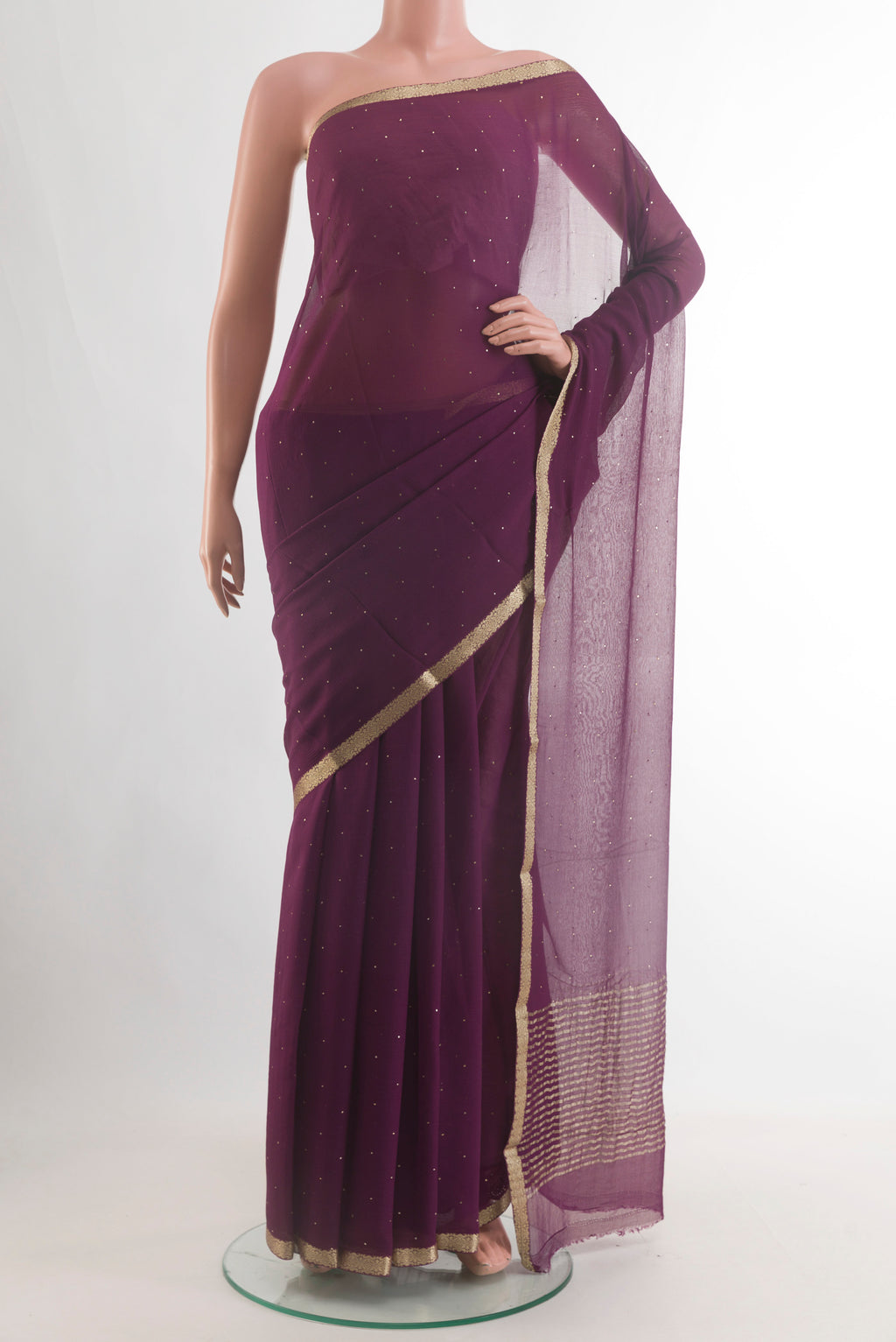 Purple Mysore Chiffon Saree with Stripes on the body and Zari Border.  displayed on a mannequin
