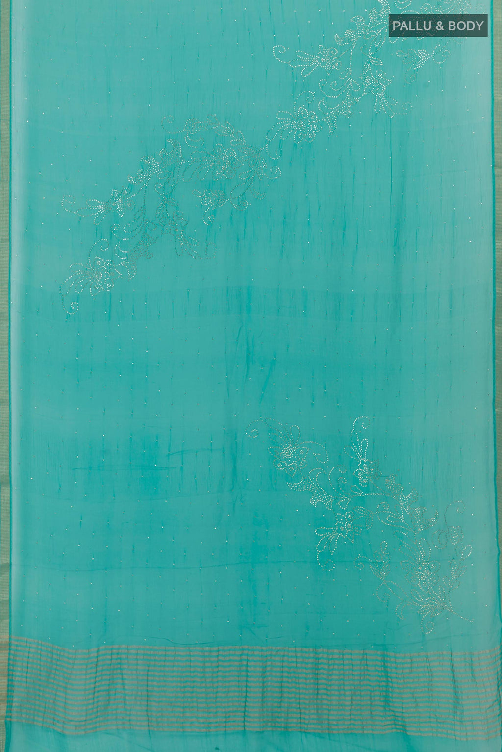 Flat view of Turquoise Mysore Chiffon Saree with Embroidery on the body and Zari Border. 