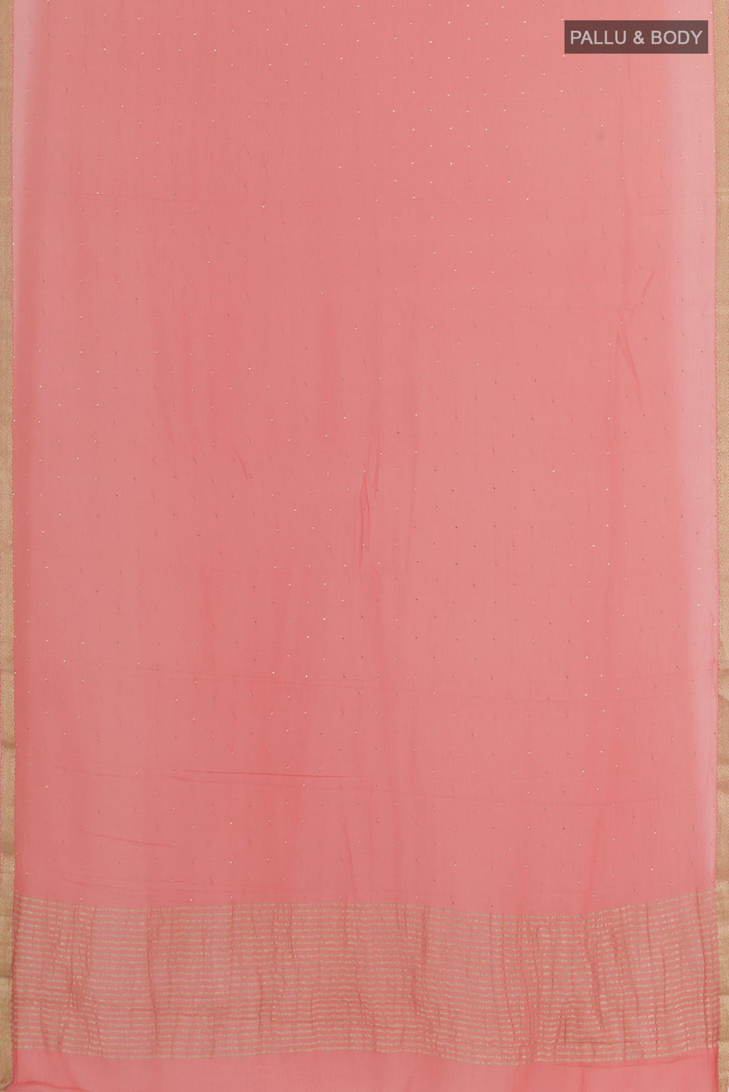 Flat view of Coral Mysore Chiffon Saree with Embroidery on the body and Zari Border. 