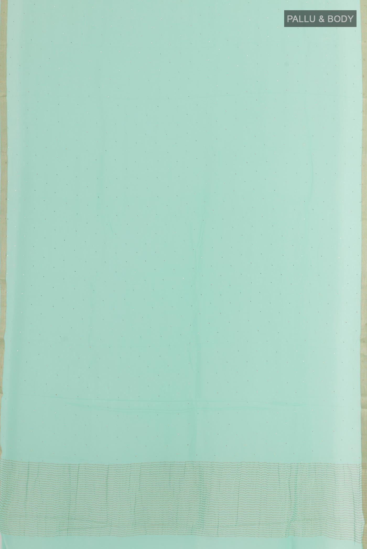 Flat view of Light Blue Mysore Chiffon Saree with Embroidery on the body and Zari Border. 