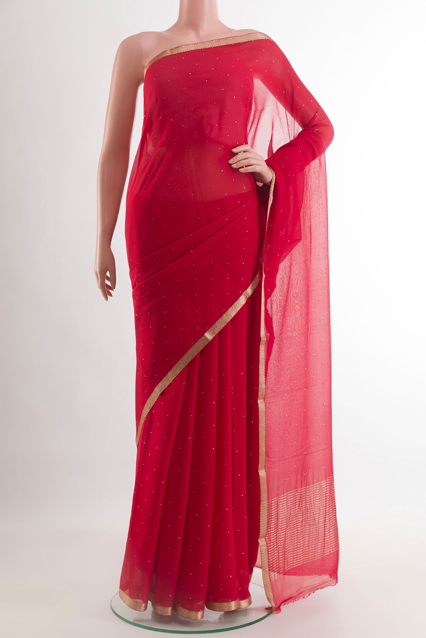 Red Mysore Chiffon Saree with Embroidery on the body and Zari Border.  displayed on a mannequin