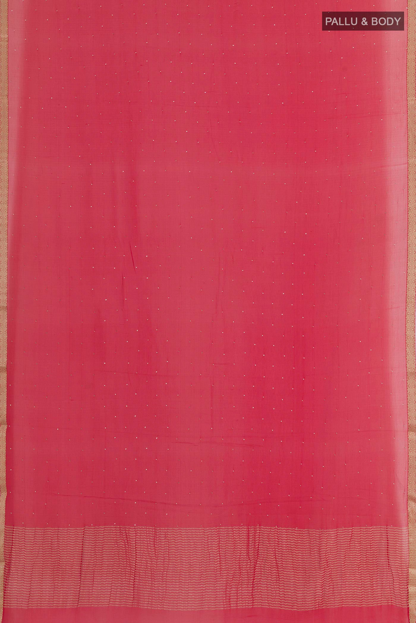 Flat view of Red Mysore Chiffon Saree with Embroidery on the body and Zari Border. 