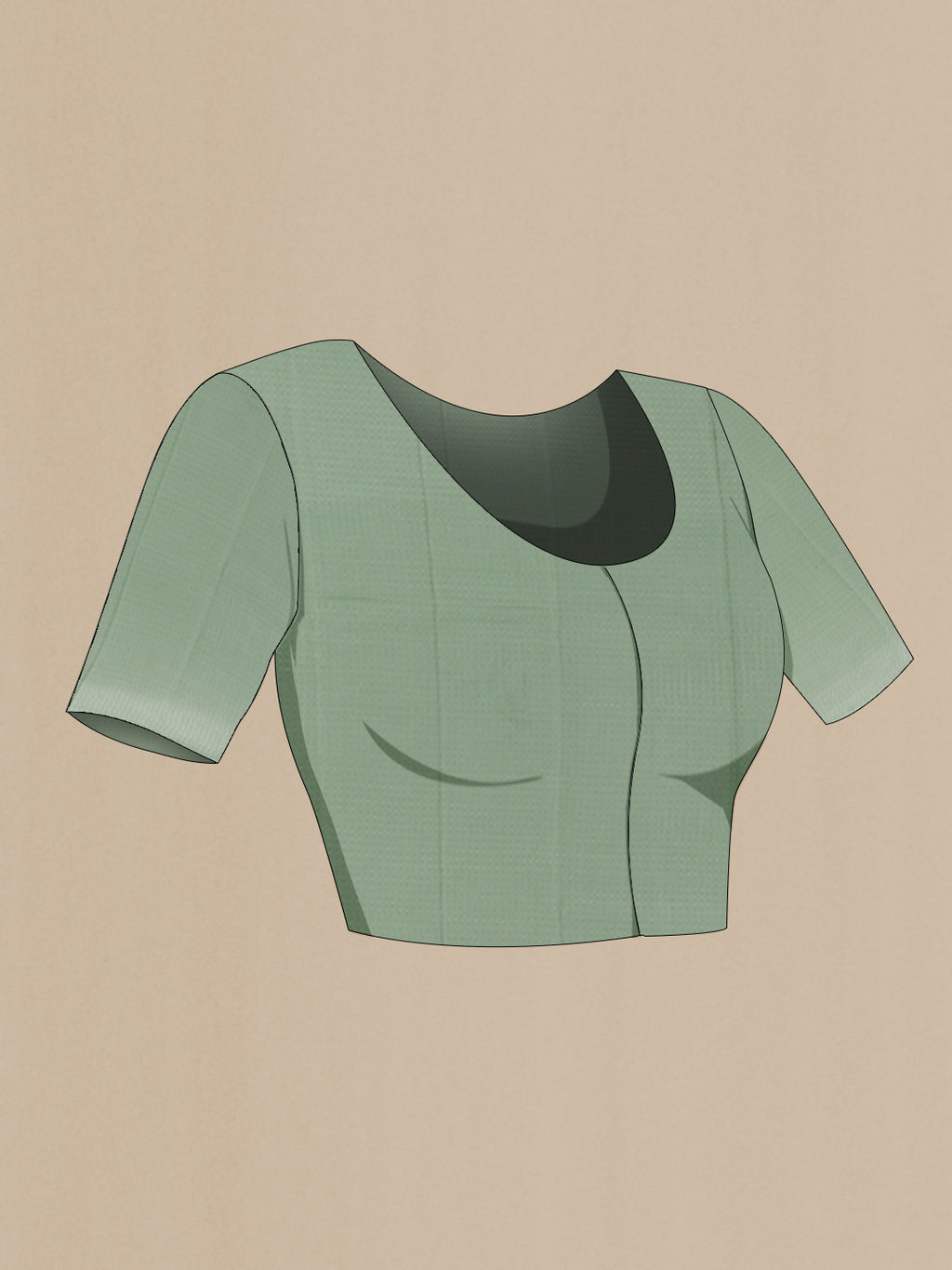 Close up image of the blouse of Sage Green Chiffon Saree with Embroidery on the body and Zari Border. 