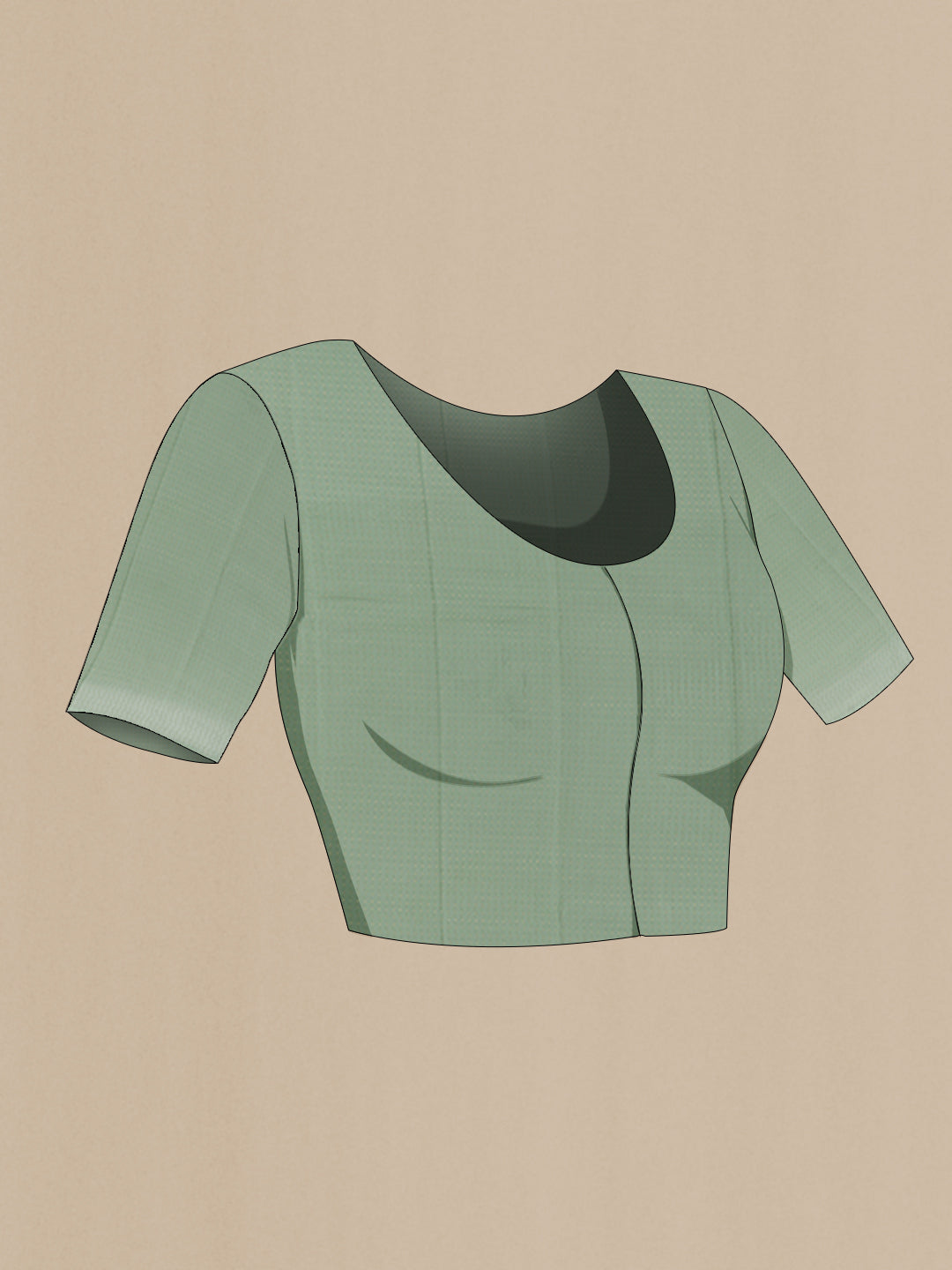 Close up image of the blouse of Sage Green Chiffon Saree with Embroidery on the body and Zari Border. 