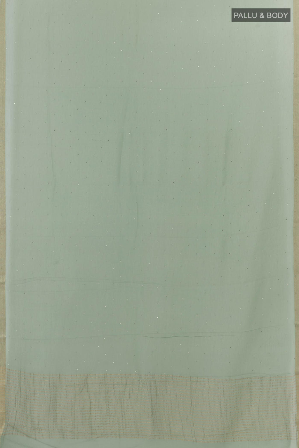 Flat view of Sage Green Chiffon Saree with Embroidery on the body and Zari Border. 