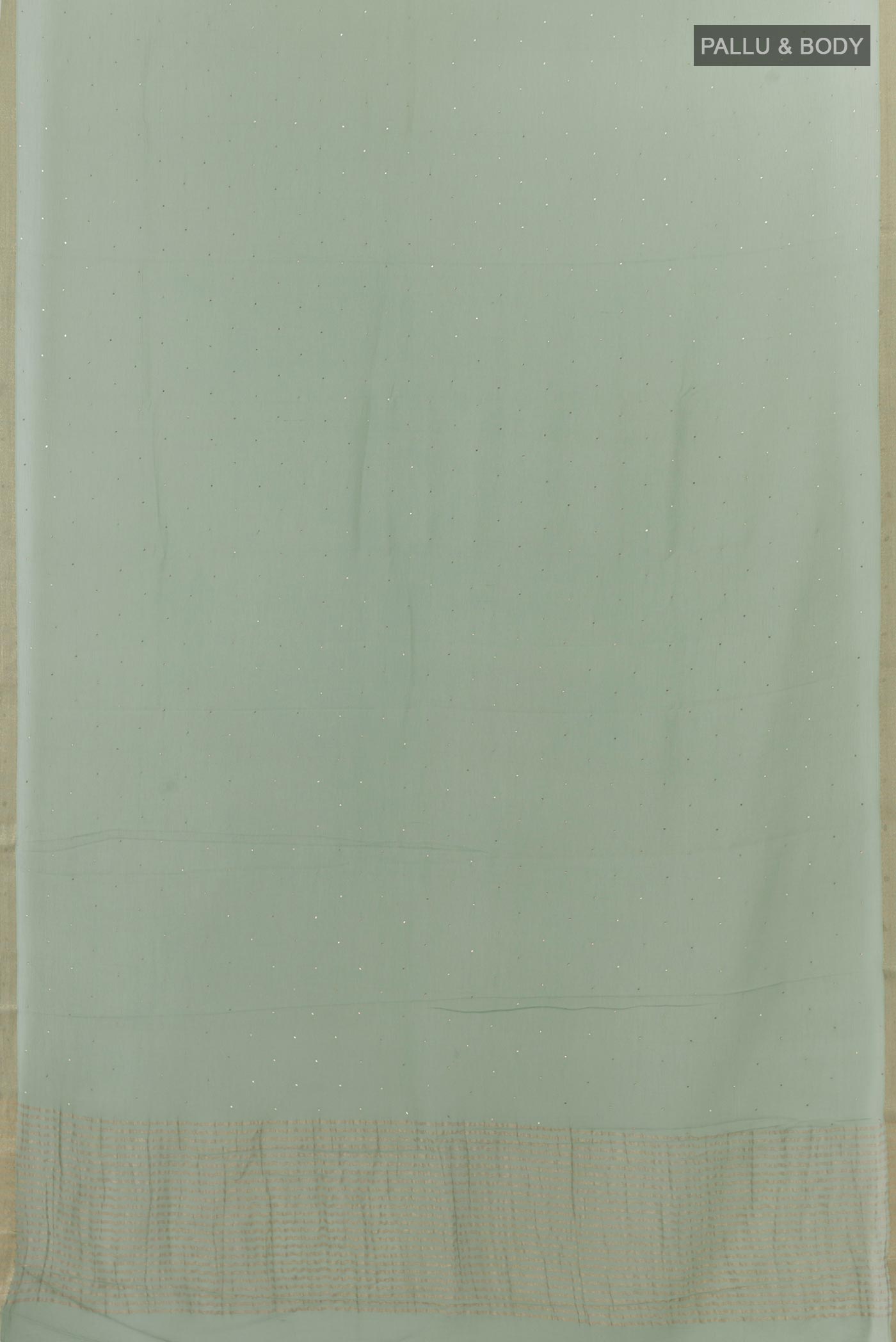 Flat view of Sage Green Chiffon Saree with Embroidery on the body and Zari Border. 