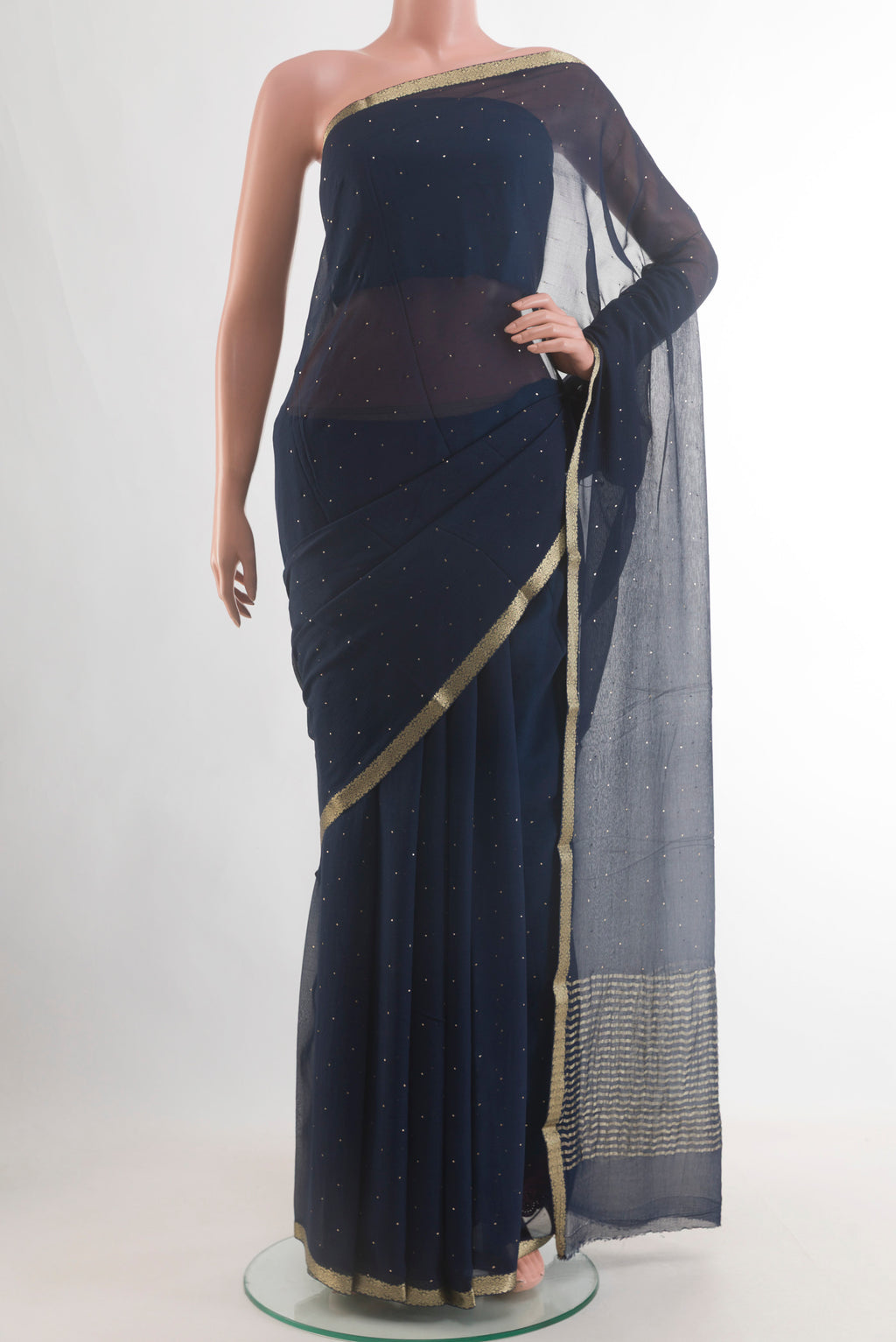 Dark Blue Mysore Chiffon Saree with Zari Butta on the body and Zari Border.  displayed on a mannequin