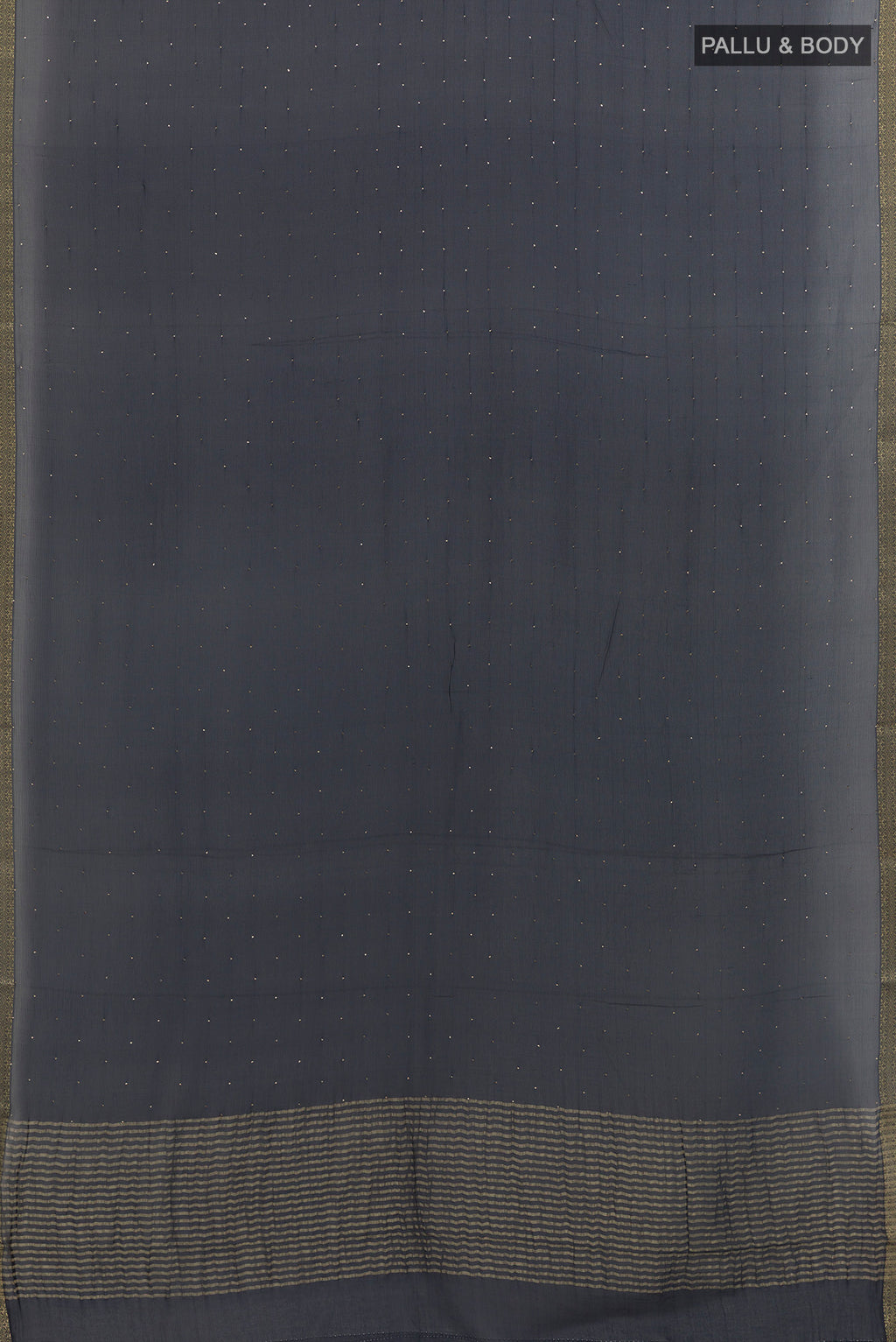 Flat view of Dark Blue Mysore Chiffon Saree with Zari Butta on the body and Zari Border. 