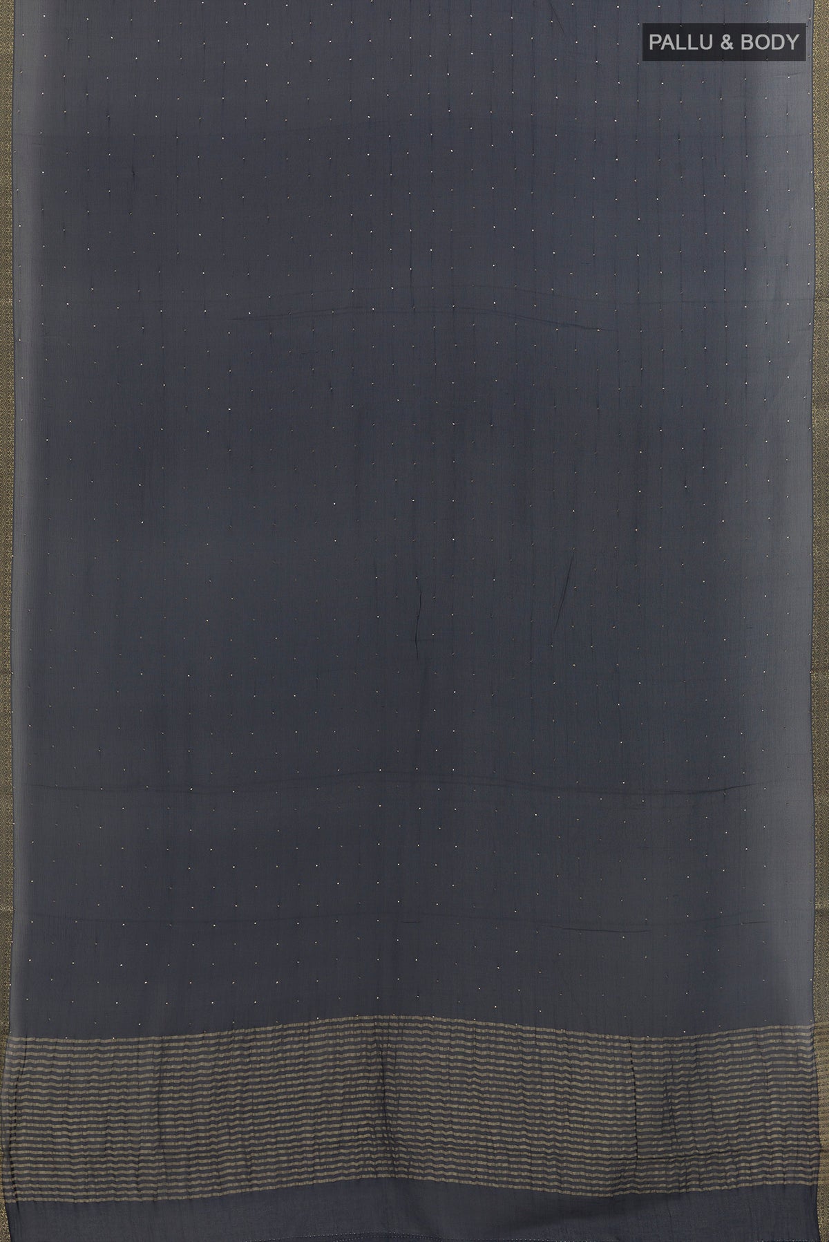 Flat view of Dark Blue Mysore Chiffon Saree with Zari Butta on the body and Zari Border. 