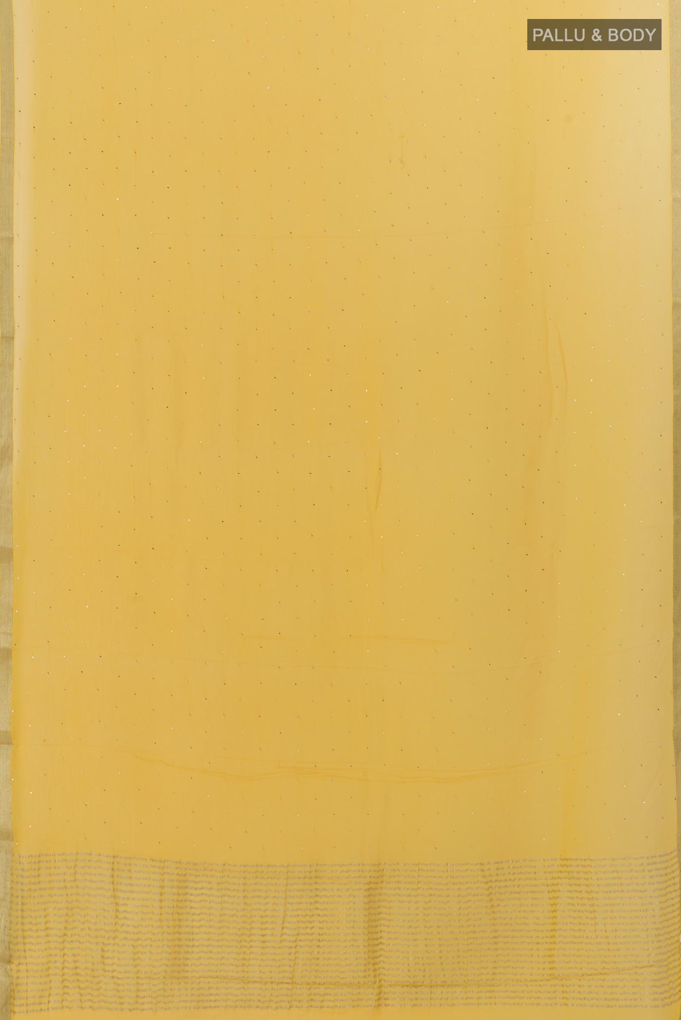 Flat view of Yellow Mysore Chiffon Saree with Embroidery on the body and Zari Border. 