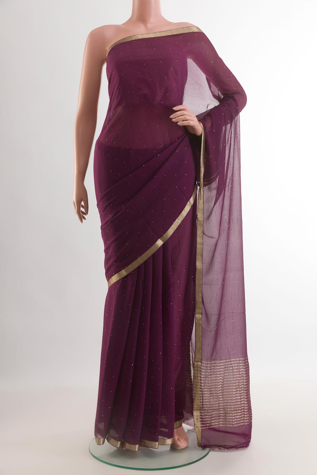 Purple Mysore Chiffon Saree with Embroidery on the body and Zari Border.  displayed on a mannequin