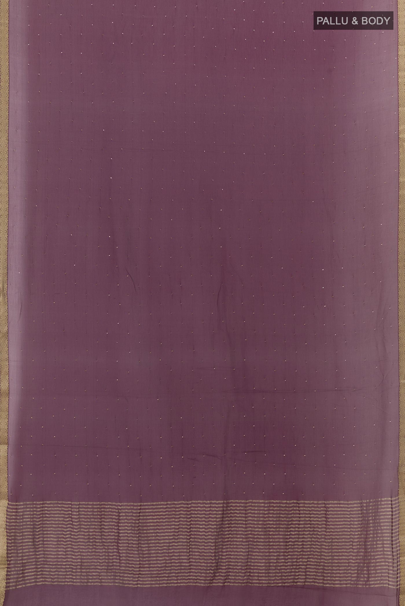 Flat view of Purple Mysore Chiffon Saree with Embroidery on the body and Zari Border. 