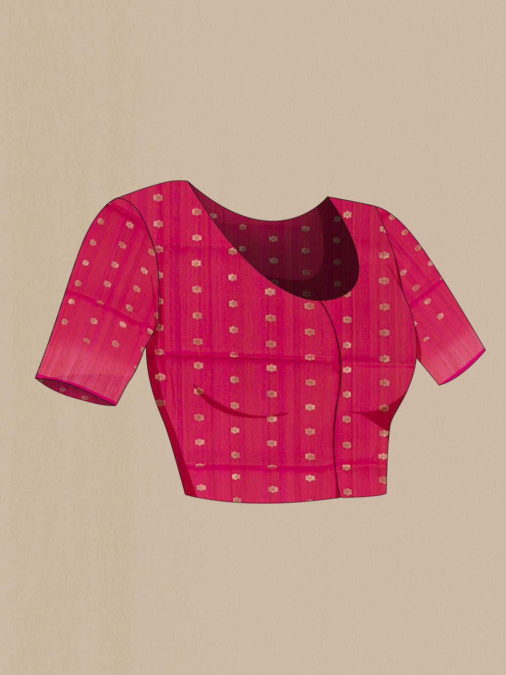 Close up image of the blouse of Pink Banarasi Silk Saree with Zari Butta on the body and Zari Border. 
