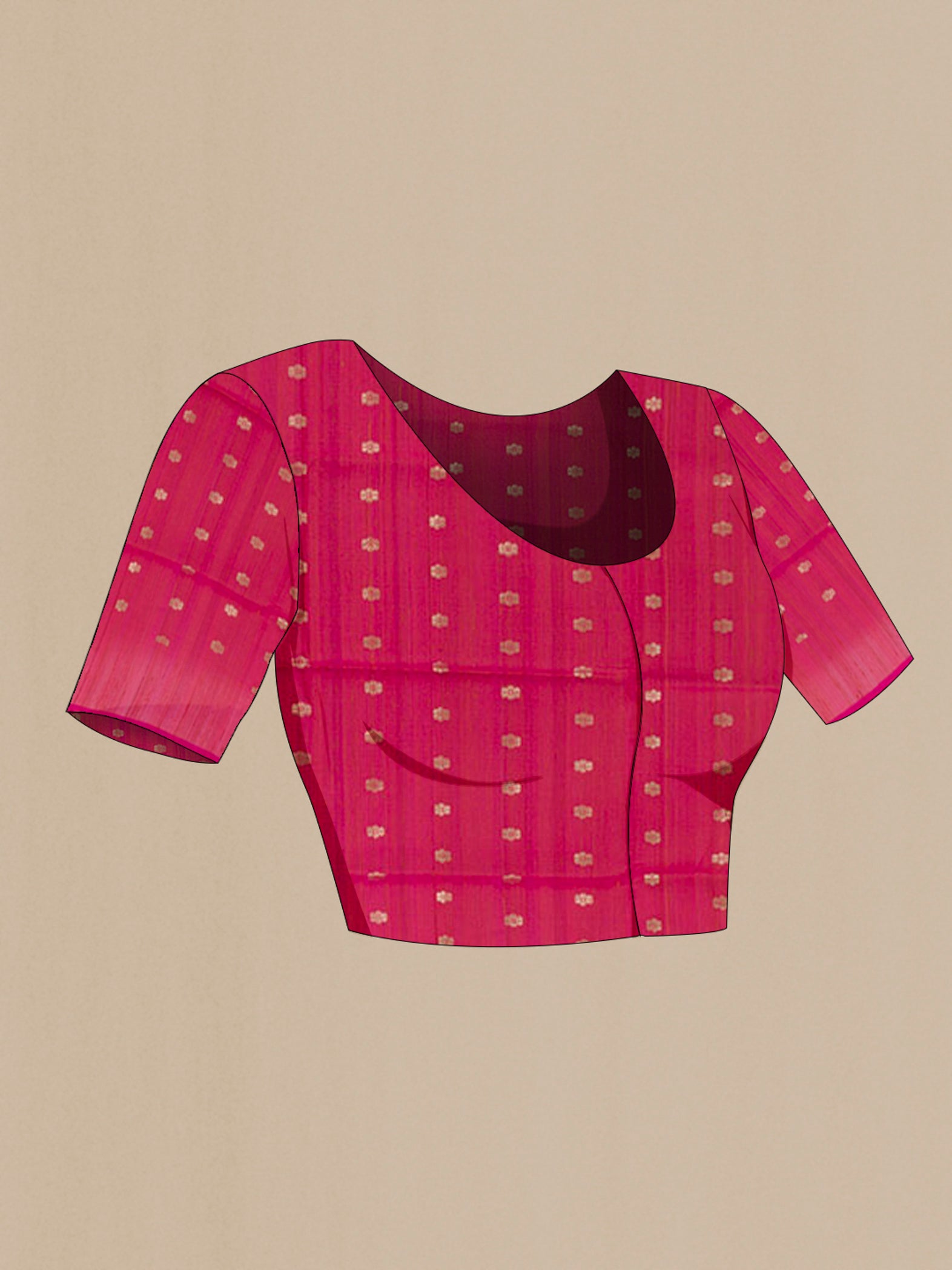 Close up image of the blouse of Pink Banarasi Silk Saree with Zari Butta on the body and Zari Border. 