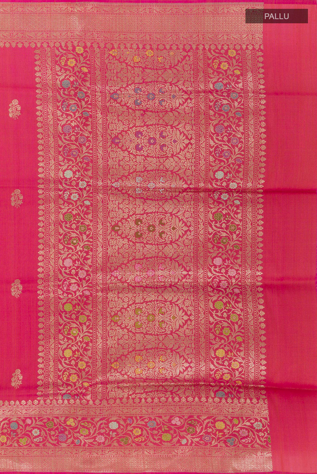 Close up image of the pallu of Pink Banarasi Silk Saree with Zari Butta on the body and Zari Border. 