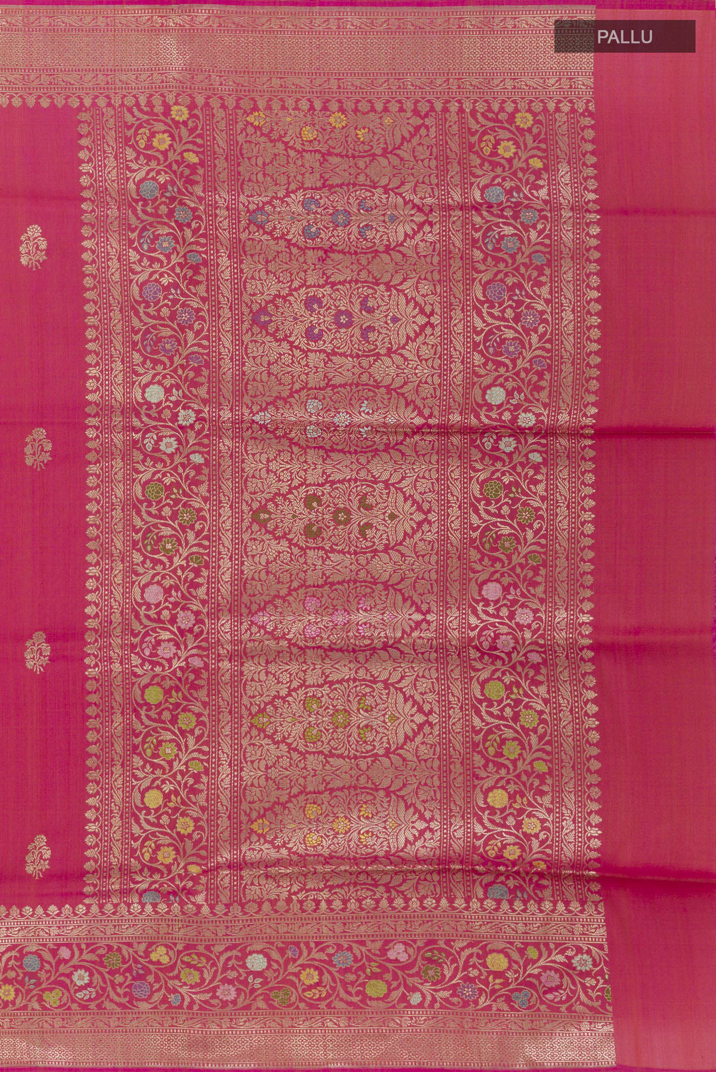 Close up image of the pallu of Pink Banarasi Silk Saree with Zari Butta on the body and Zari Border. 