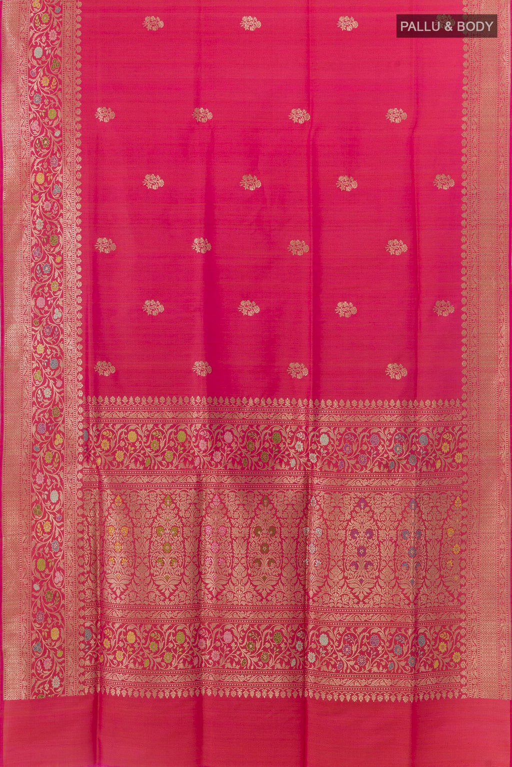 Flat view of Pink Banarasi Silk Saree with Zari Butta on the body and Zari Border. 