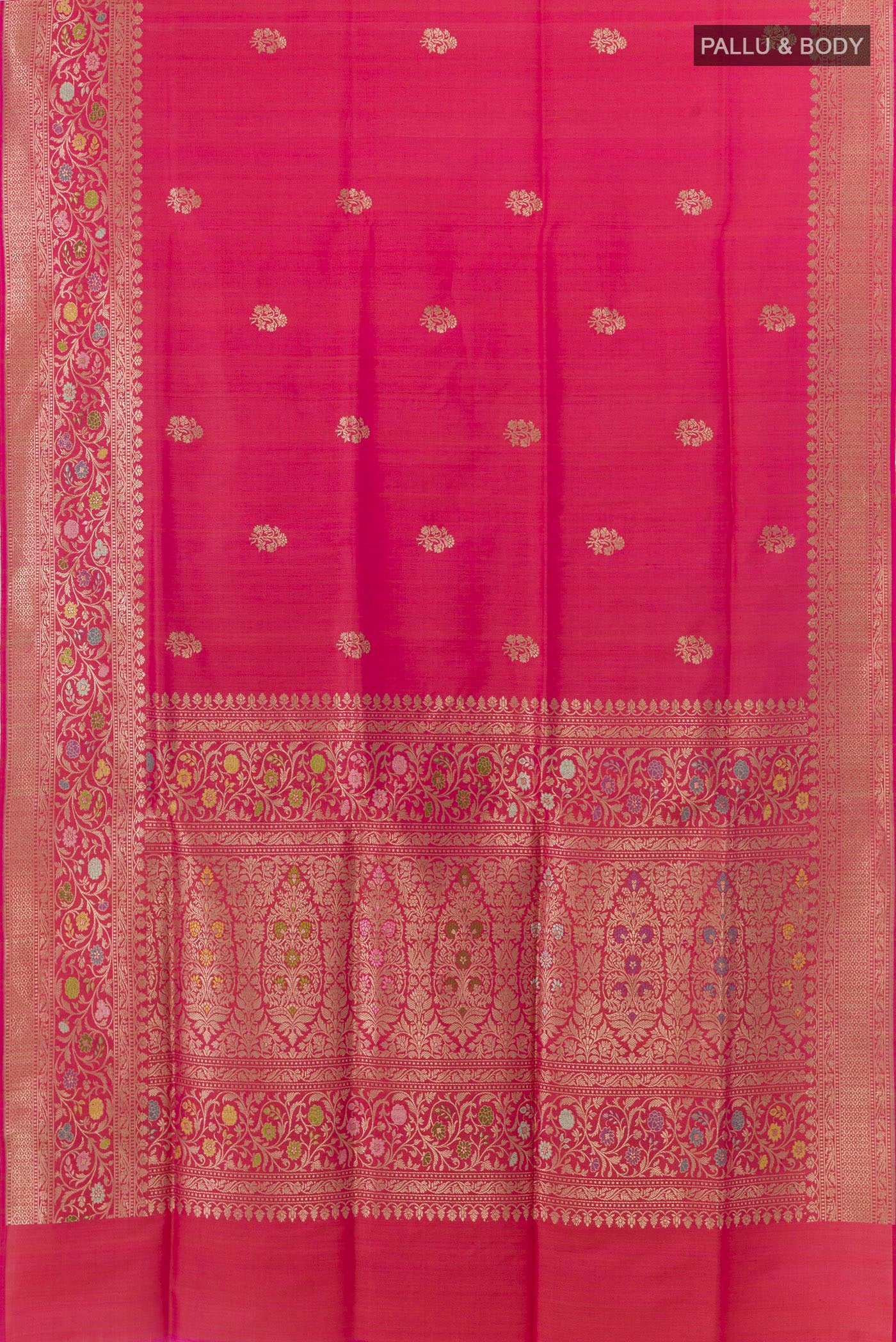 Flat view of Pink Banarasi Silk Saree with Zari Butta on the body and Zari Border. 
