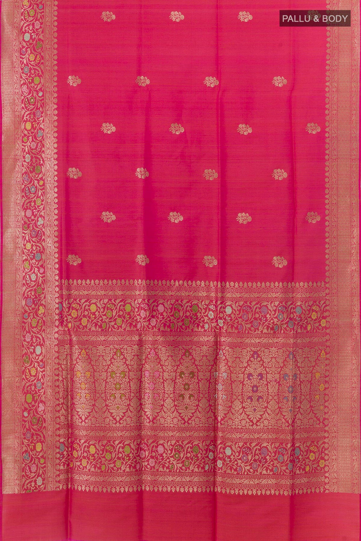 Flat view of Pink Banarasi Silk Saree with Zari Butta on the body and Zari Border. 