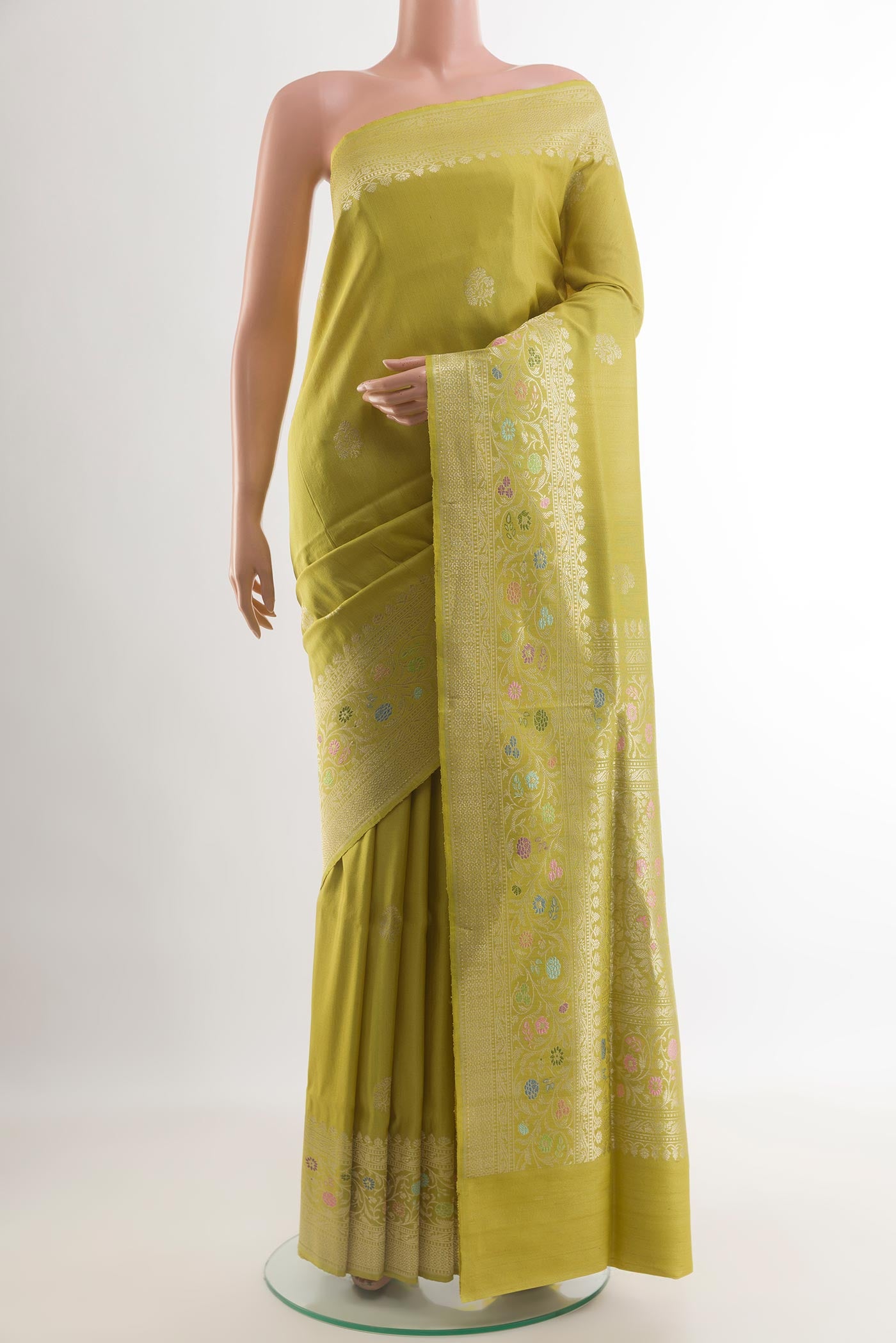 Lemon Yellow Banarasi Tussar Silk Saree with Zari Butta on the body and Zari Border.  displayed on a mannequin