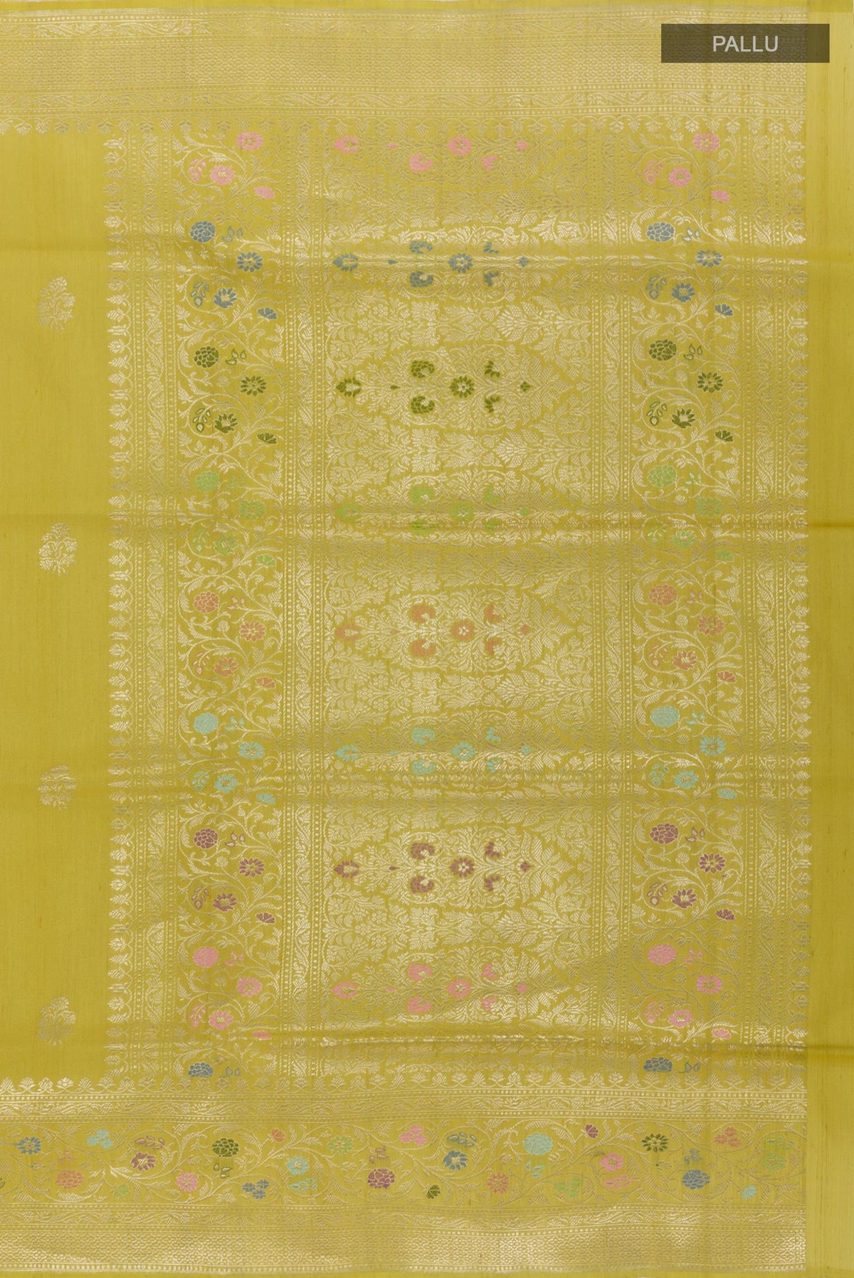 Close up image of the pallu of Lemon Yellow Banarasi Tussar Silk Saree with Zari Butta on the body and Zari Border. 