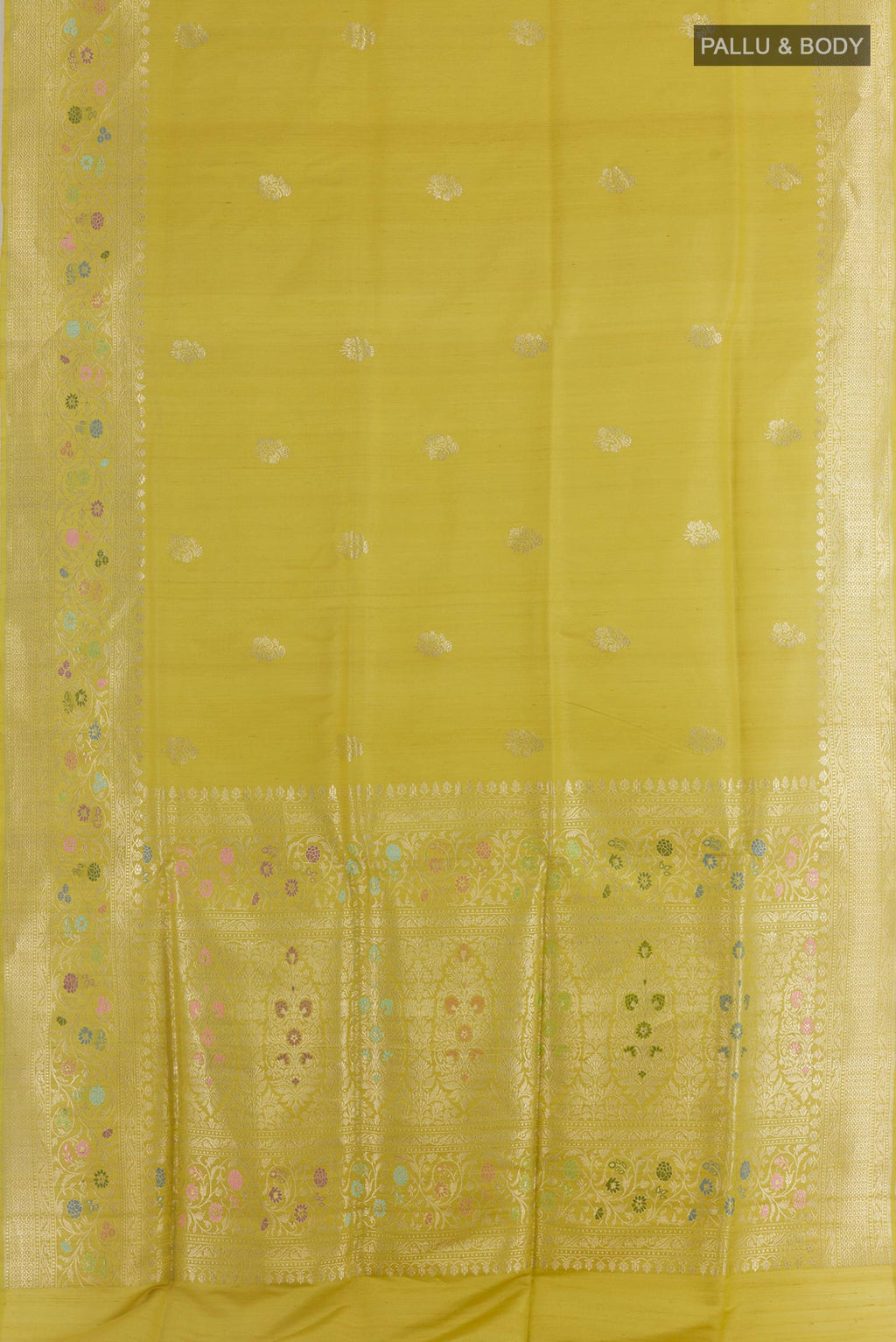 Flat view of Lemon Yellow Banarasi Tussar Silk Saree with Zari Butta on the body and Zari Border. 