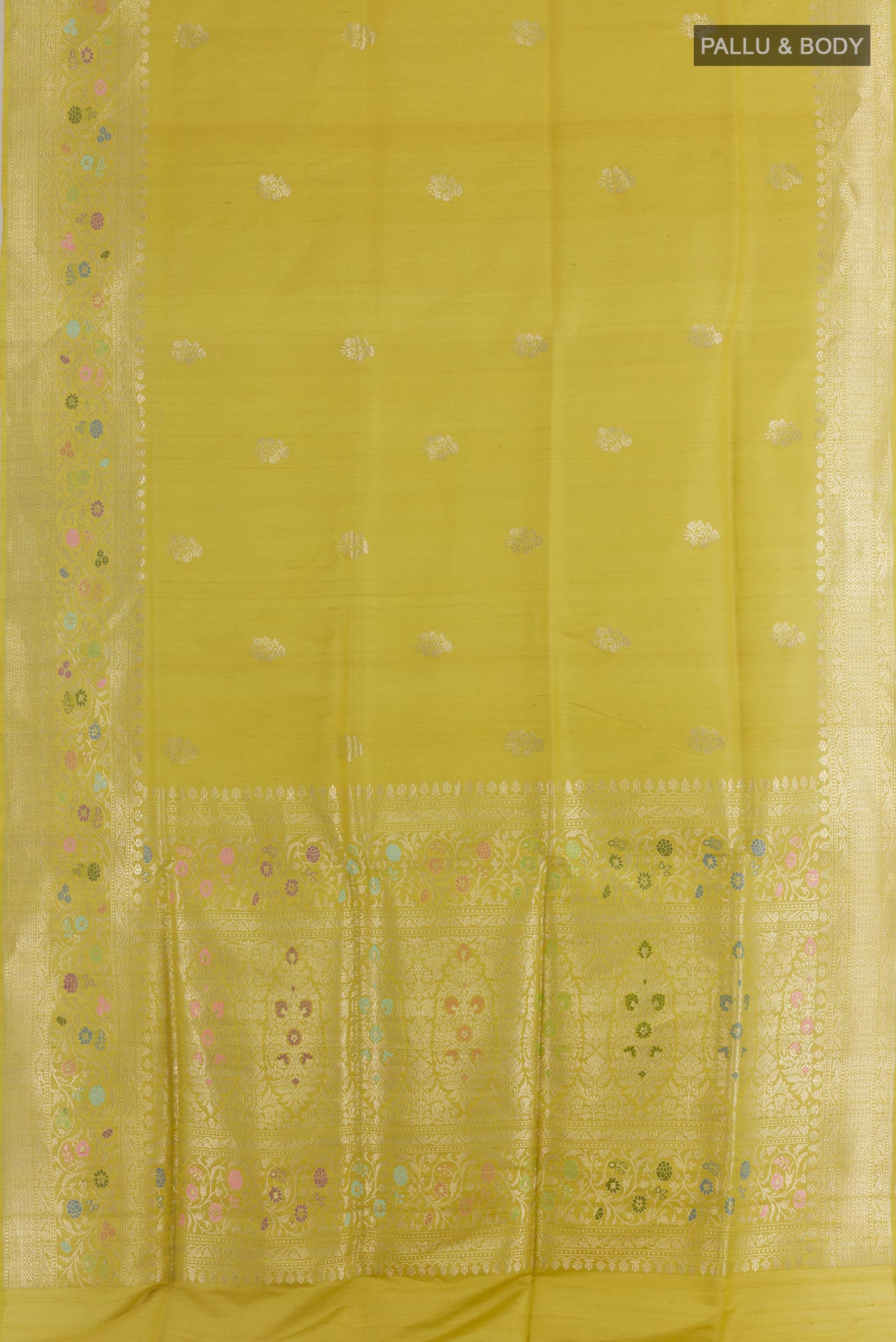Flat view of Lemon Yellow Banarasi Tussar Silk Saree with Zari Butta on the body and Zari Border. 