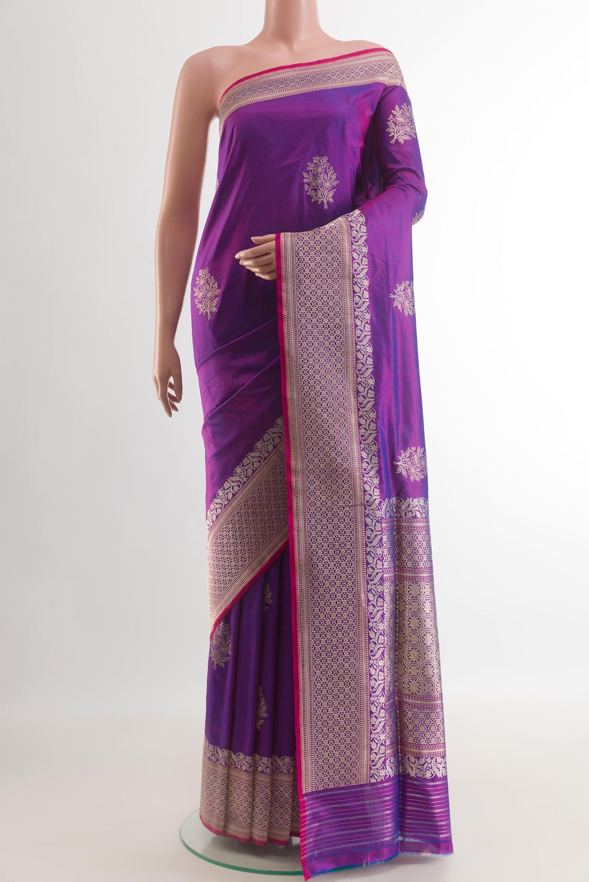 Purple Banarasi Silk Saree with Zari Butta on the body and Zari Border.  displayed on a mannequin