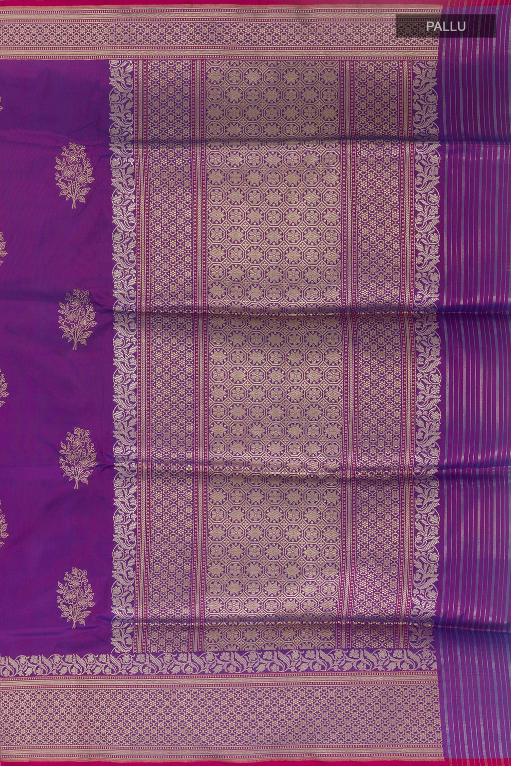 Close up image of the pallu of Purple Banarasi Silk Saree with Zari Butta on the body and Zari Border. 