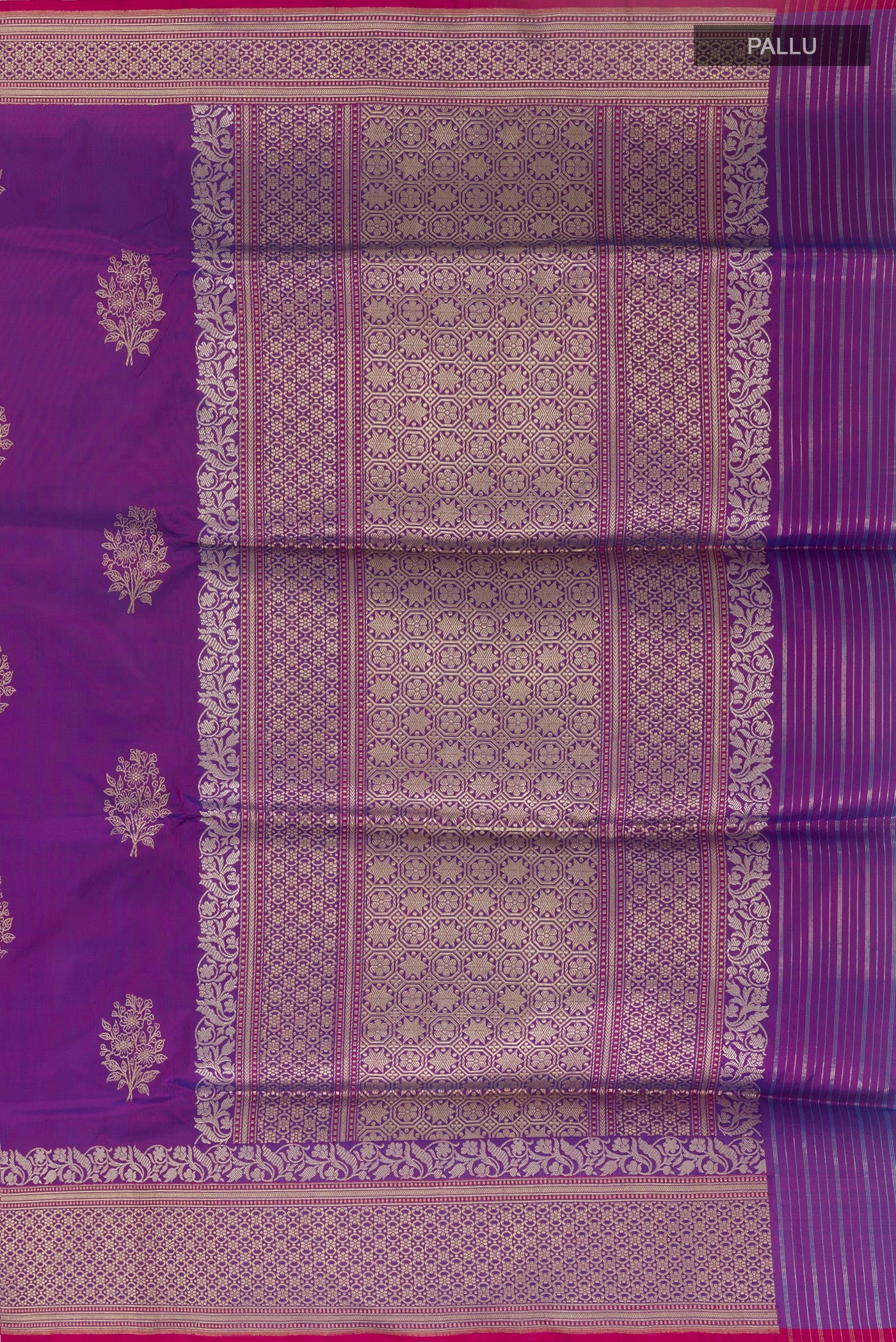 Close up image of the pallu of Purple Banarasi Silk Saree with Zari Butta on the body and Zari Border. 