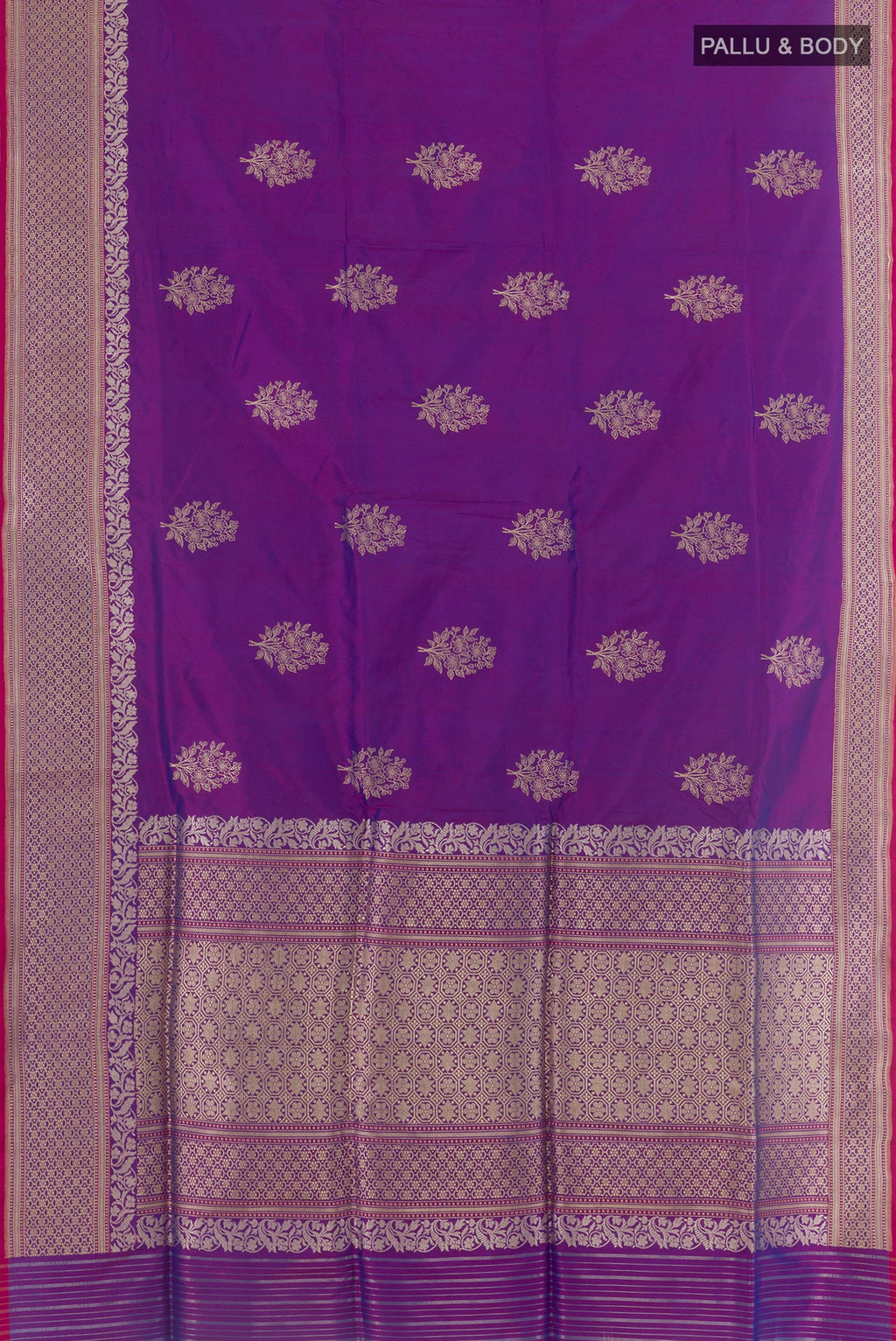 Flat view of Purple Banarasi Silk Saree with Zari Butta on the body and Zari Border. 